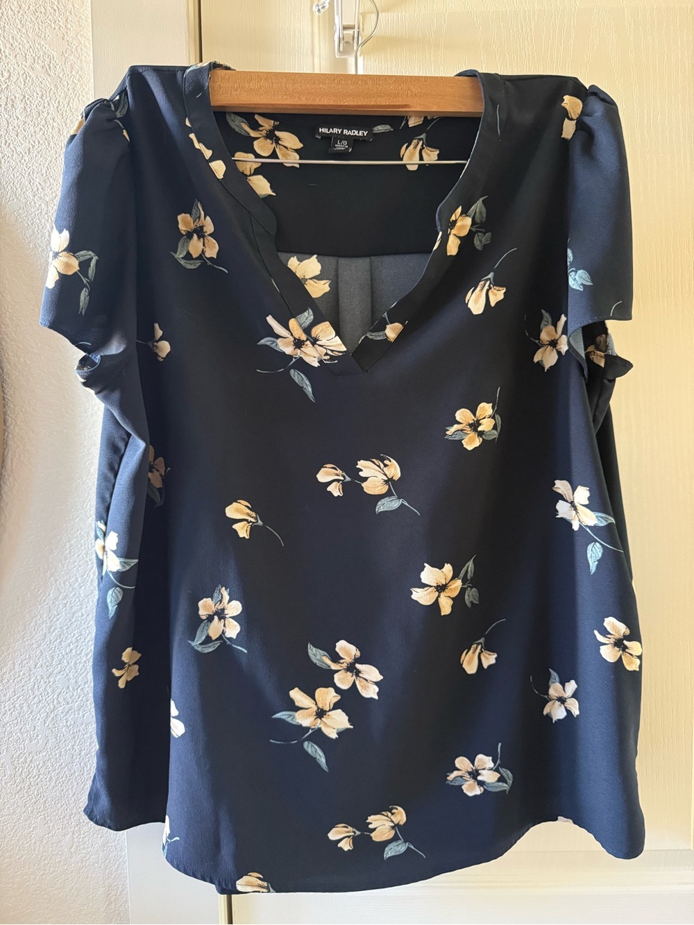 Hilary Radley Navy Floral V-Neck Short Sleeve Blouse